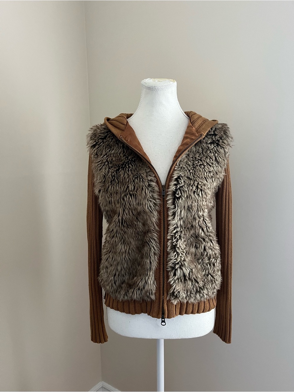 Women's Brown Faux Fur Front Hooded Teddy Jacket
